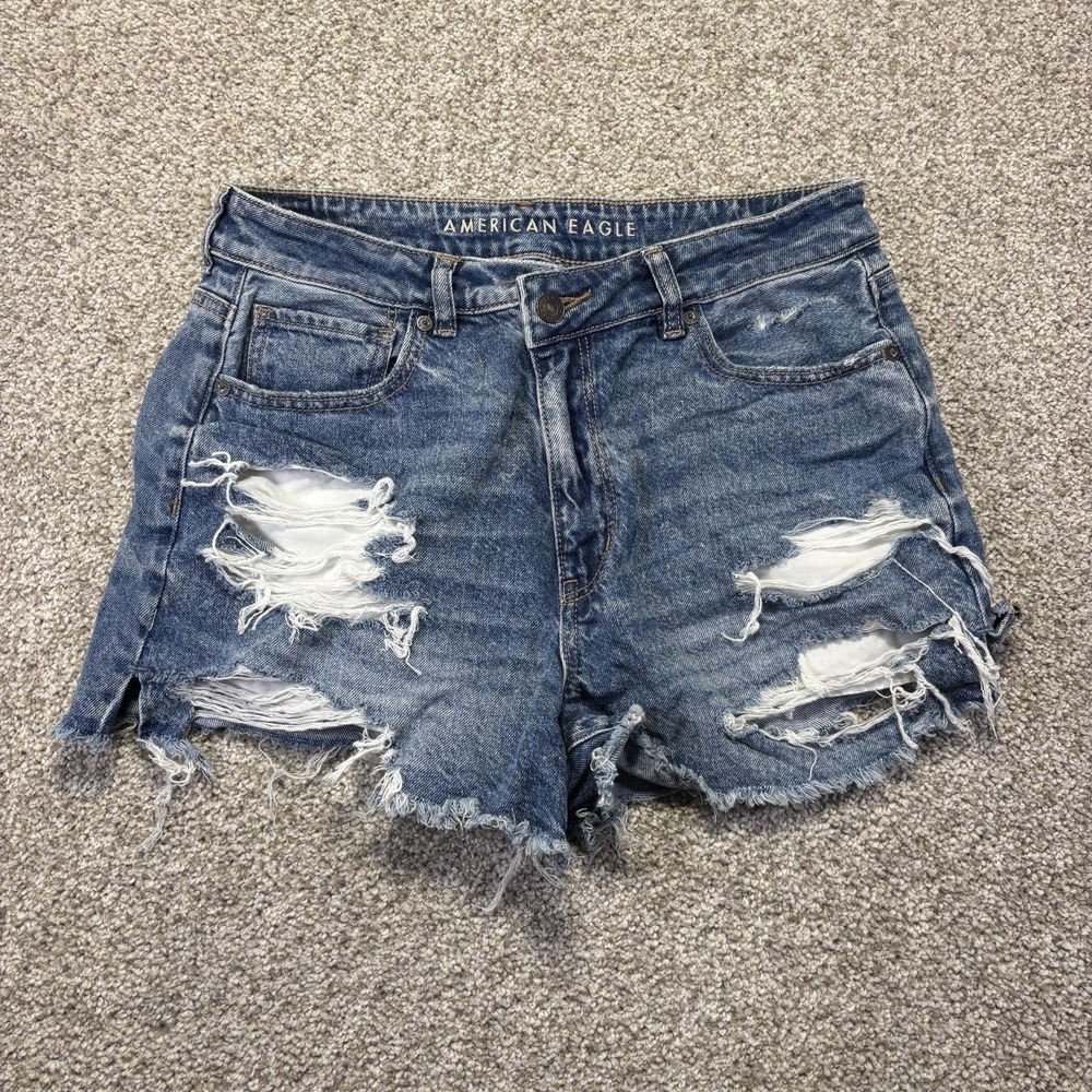 American Eagle Outfitters Mom Shorts Womens 10 Blue Distressed Cutoff Frayed Hem